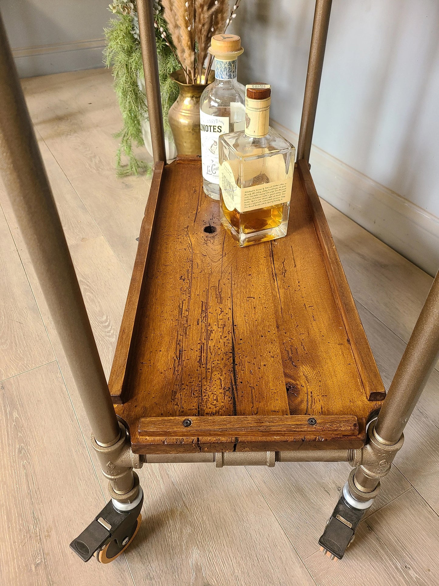 Rolling Bar Cart made of reclaimed barnwood and pipe
