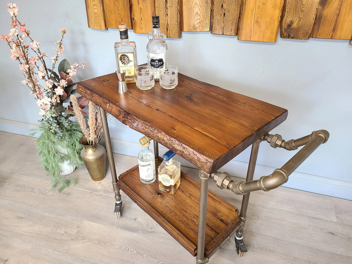 Rolling Bar Cart made of reclaimed barnwood and pipe