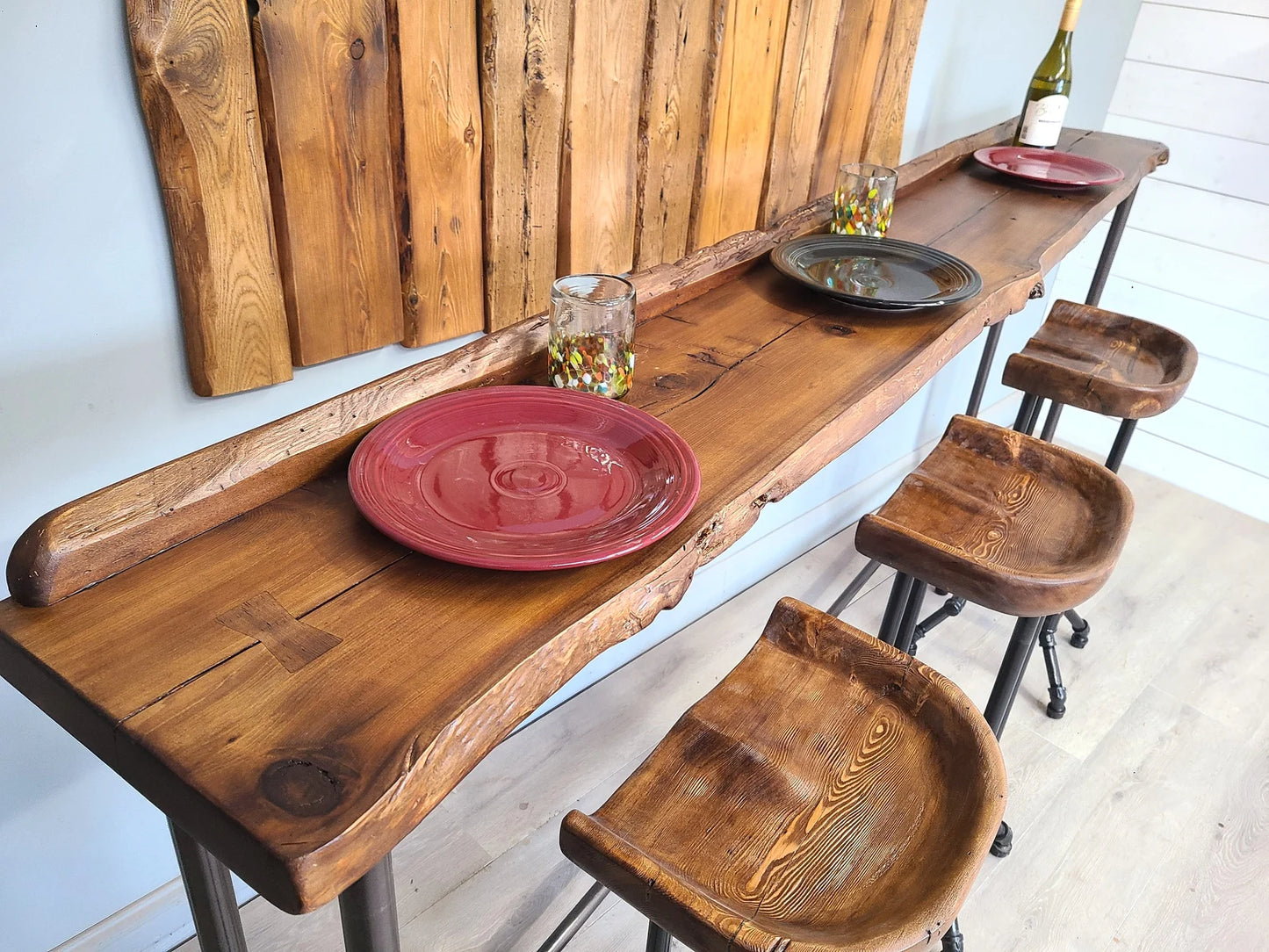ON SALE**Drink Rail Bar Table with Wood back rail. 8' Reclaimed wood table in stock today