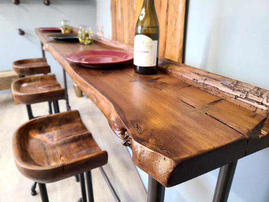 ON SALE**Drink Rail Bar Table with Wood back rail. 8' Reclaimed wood table in stock today